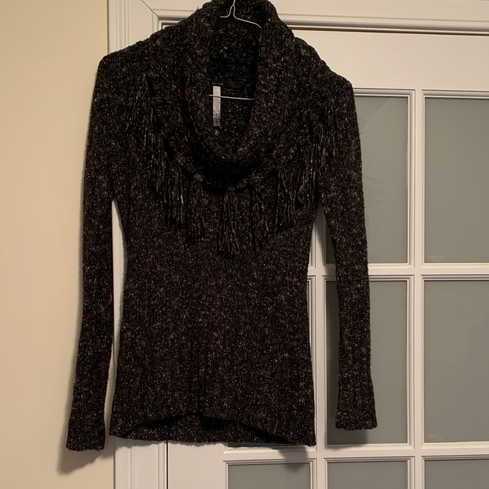 Women's Black Sweater with Fringe Shaw Collar
